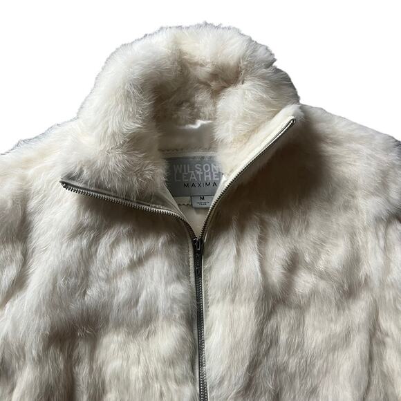 Wilsons Leather Maxima Women’s Collared Zip Up White Rabbit Fur Bomber Jacket M - Picture 2 of 8